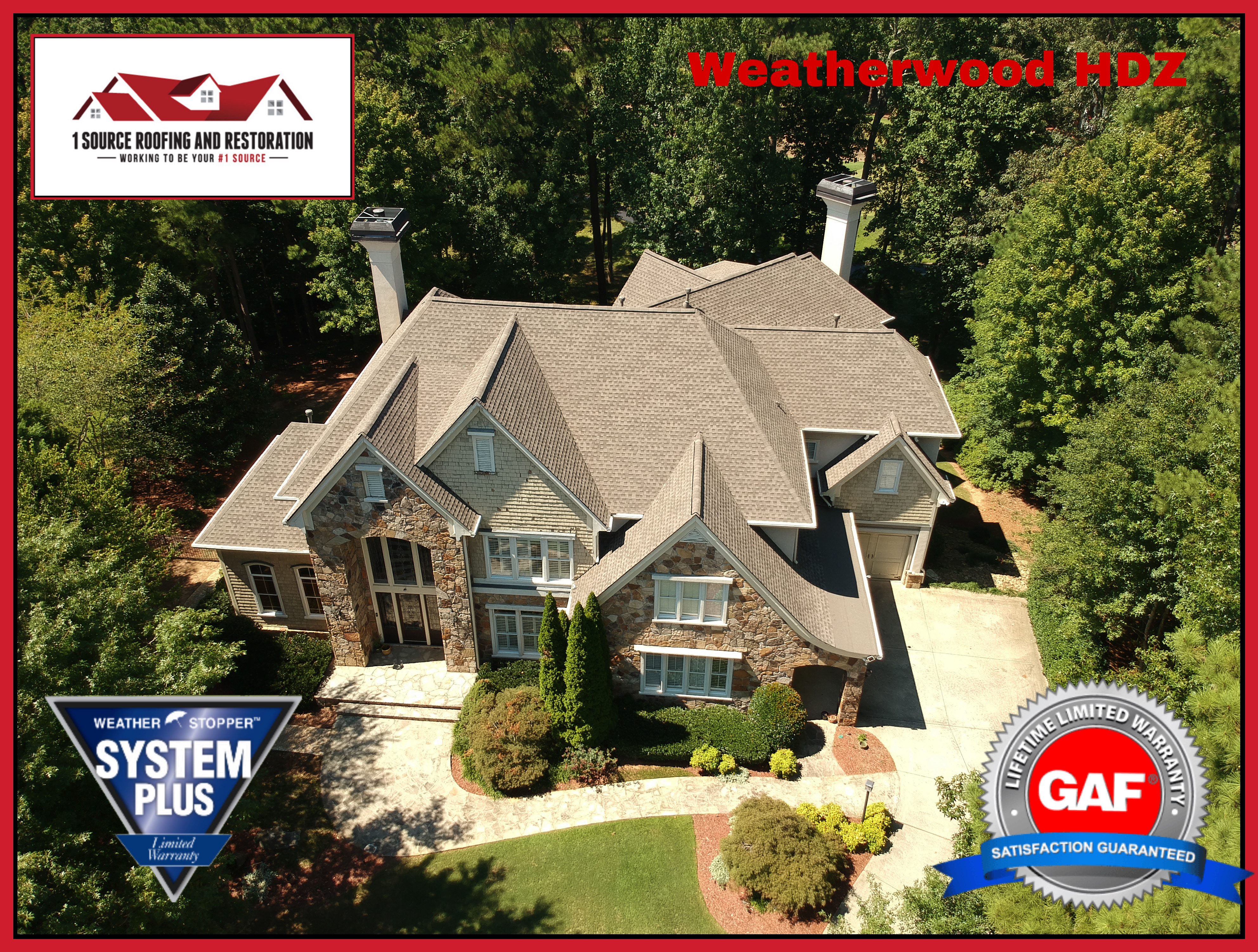 Completed Weatherwood architectural shingle installation on Atlanta home — drone view by 1 Source Roofing